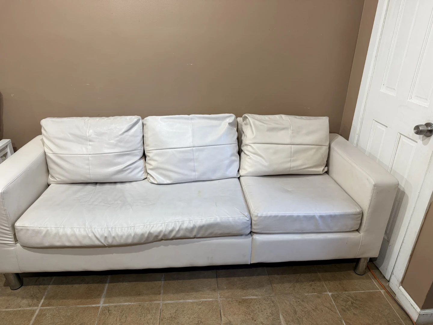 White Leather Three-Seater Sofa