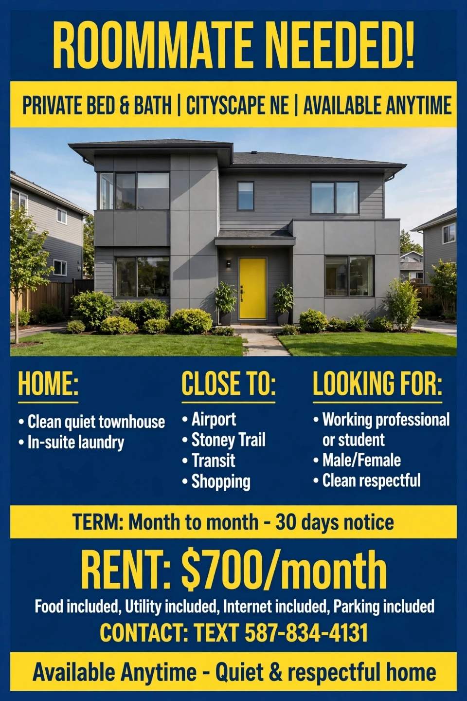 Room for Rent $700 - Food Incl - Cityscape NE