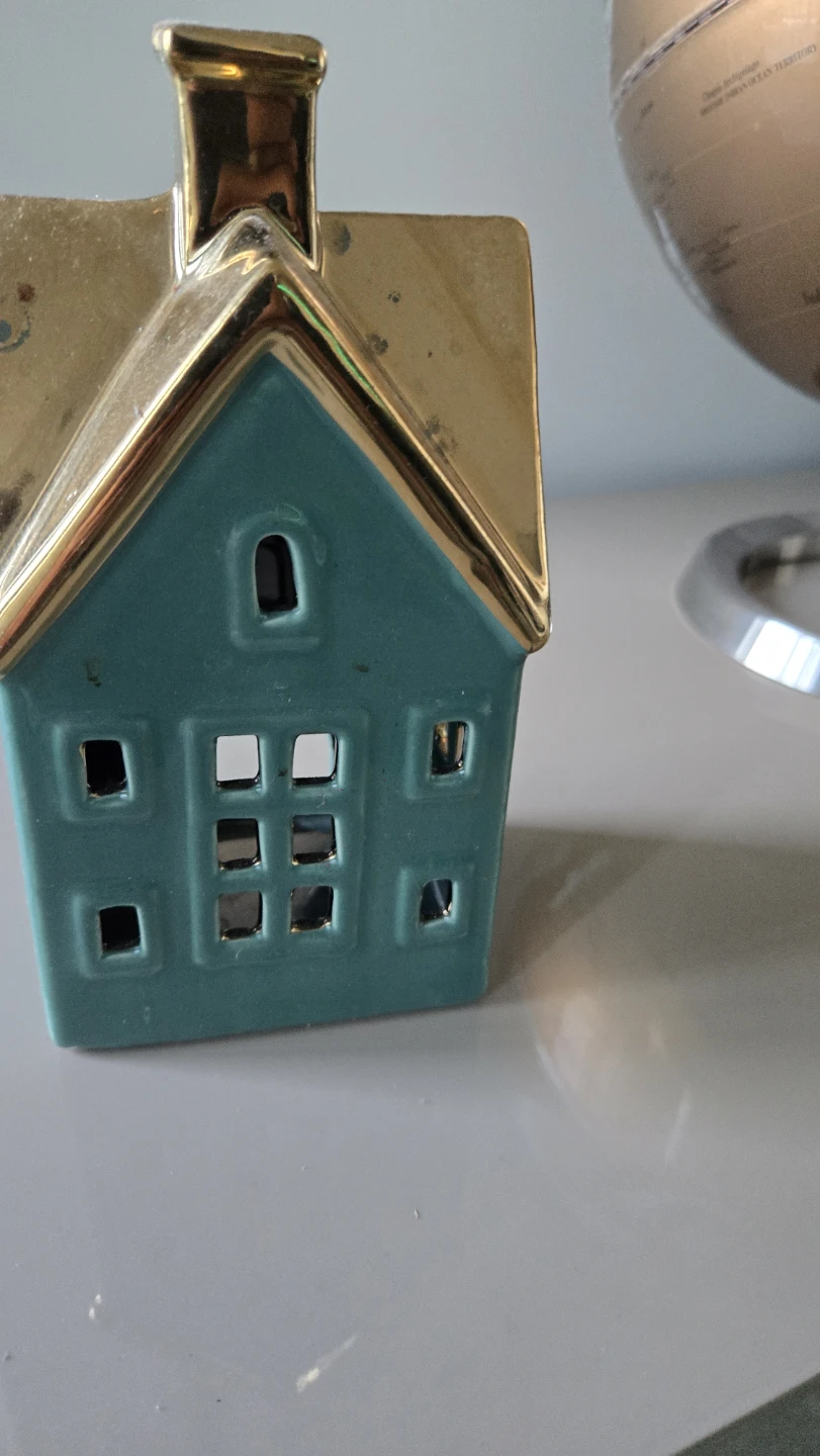 Teal ceramic house tealight holder with gold roof