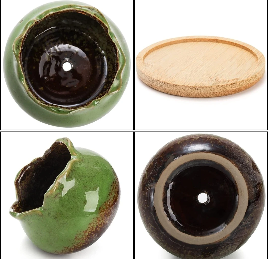 Set of Ceramic Succulent Planters with Bamboo Trays - photo 2
