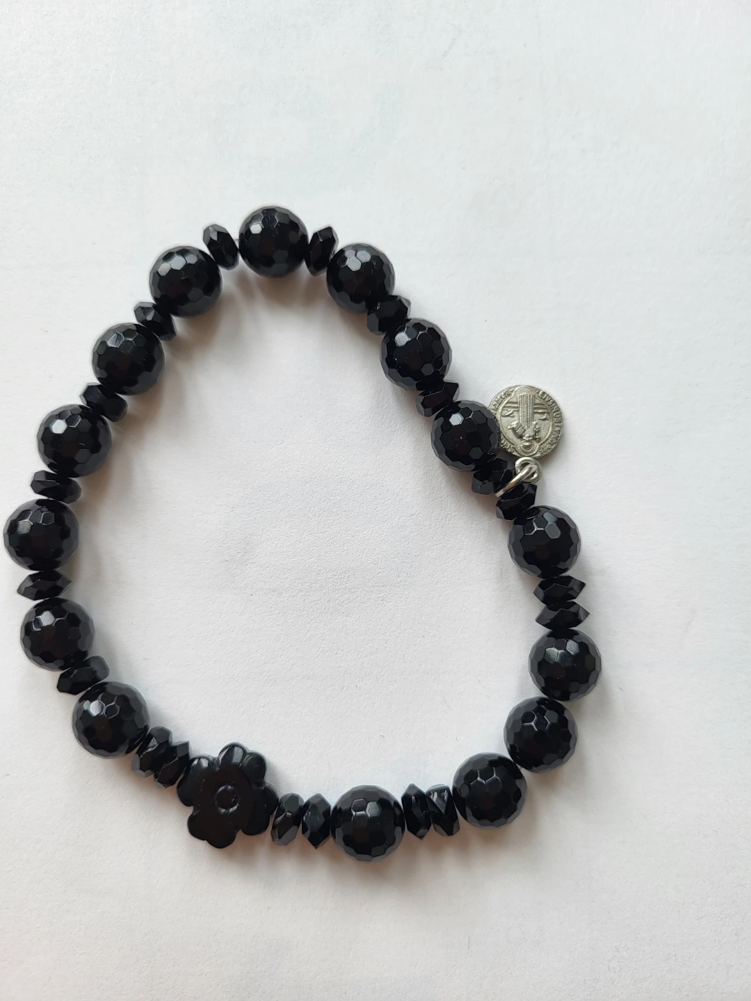 Black faceted bead bracelet with charm (Rosary bracelet)