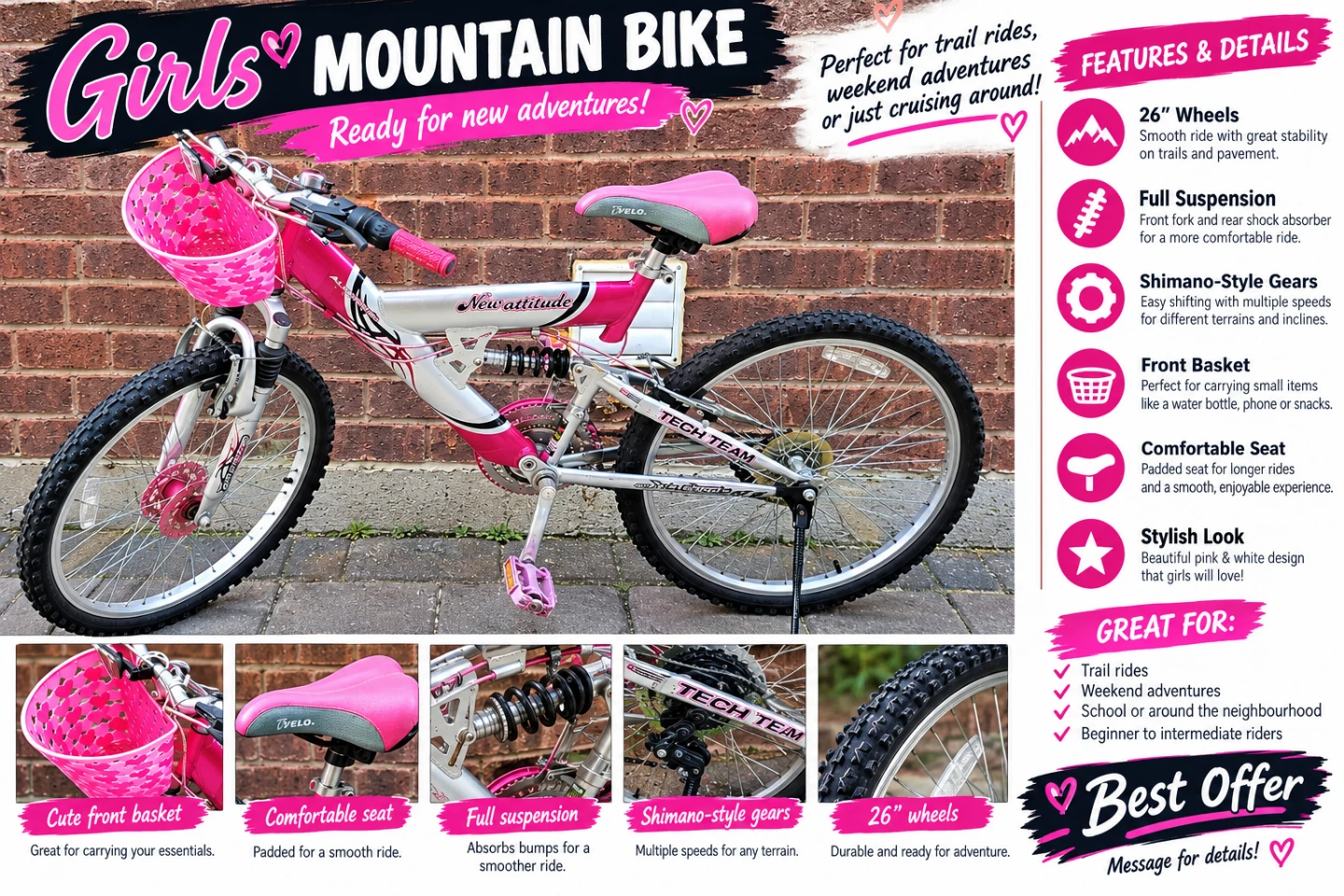 Girls’ Pink & White Mountain Bike – New Attitude Bike