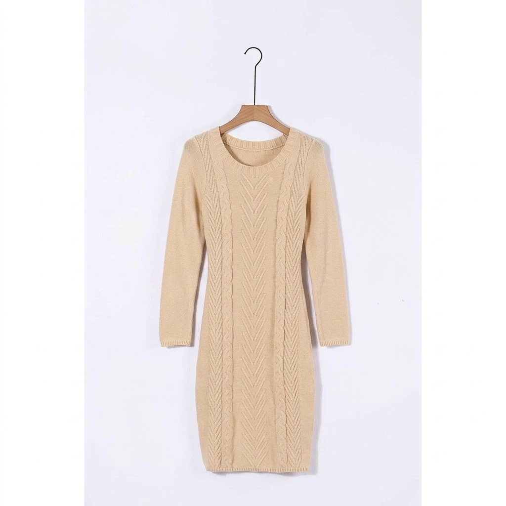 Beige Cable Knit Sweater Dress