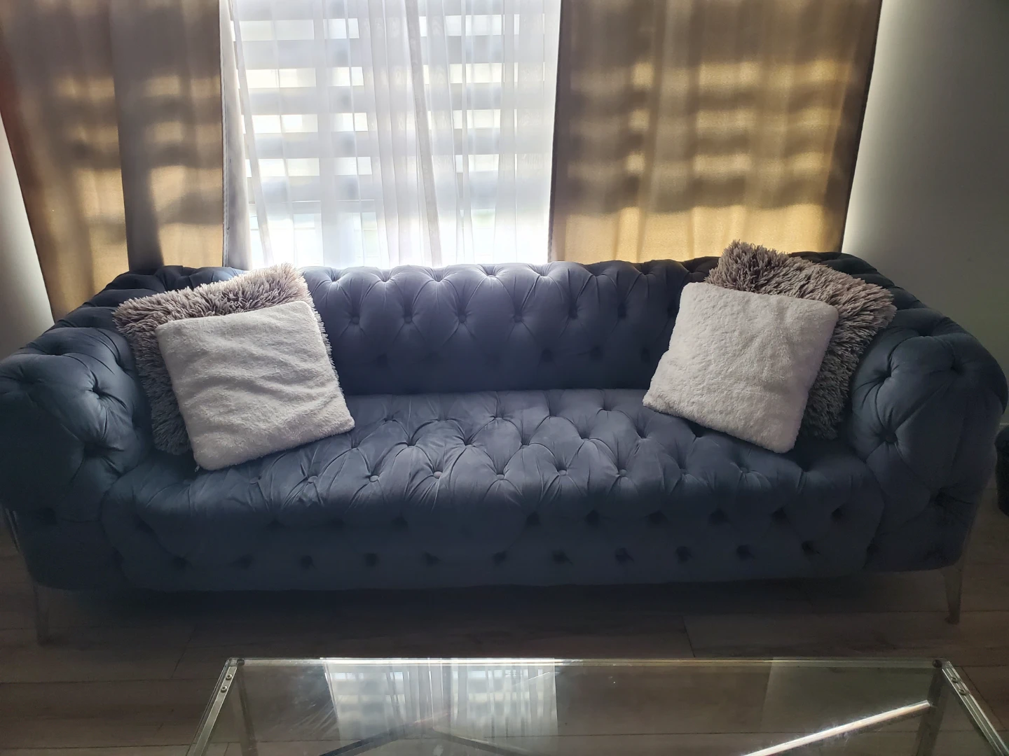 Blue Velvet Chesterfield Sofa Set and glass table - photo 3