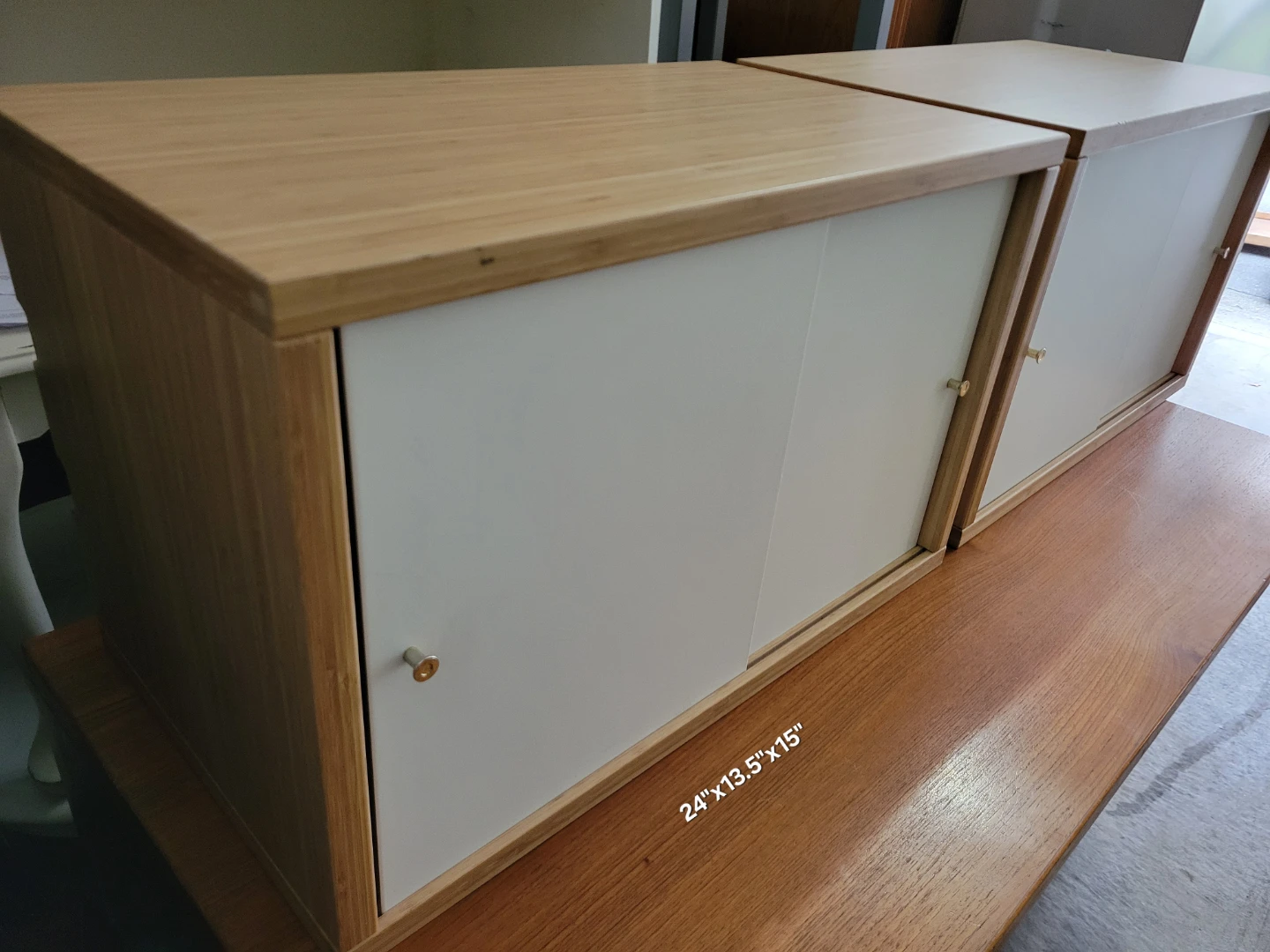 Beautiful Pair of IKEA Bamboo & White Sliding Door Cabinets - photo 4