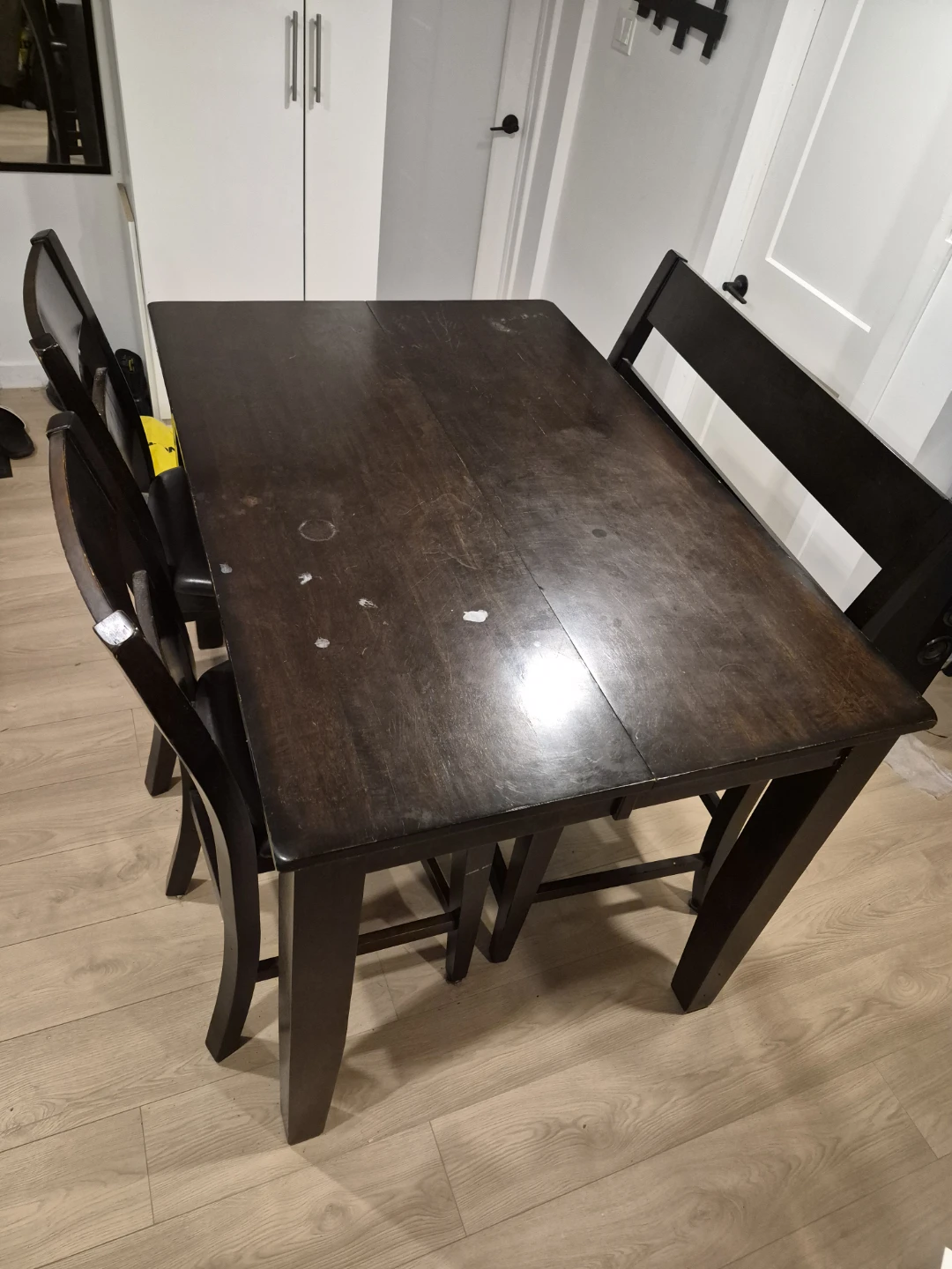 Dark Hardwood Dining Table with 2 Chairs and Bench