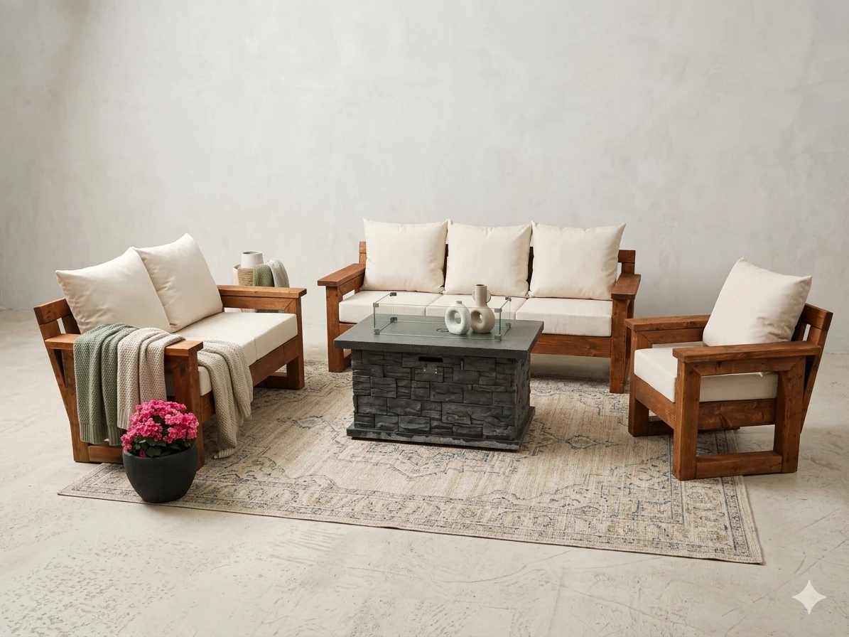 Rustic Outdoor Wood Furniture Set with cushions