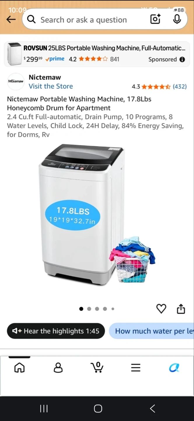 Nictemaw 17.8lbs Portable Full-Automatic Washing Machine