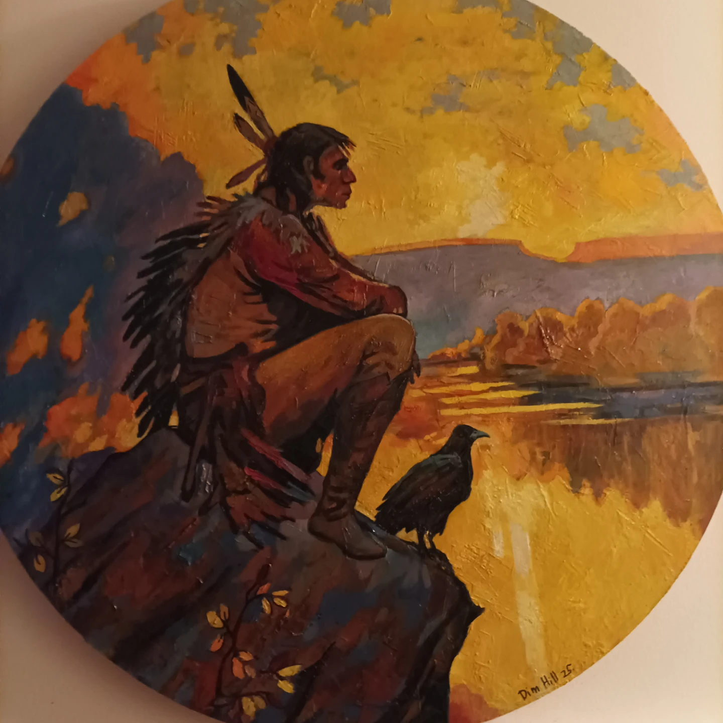 Round Painting of Indigenous Man with Raven - photo 2