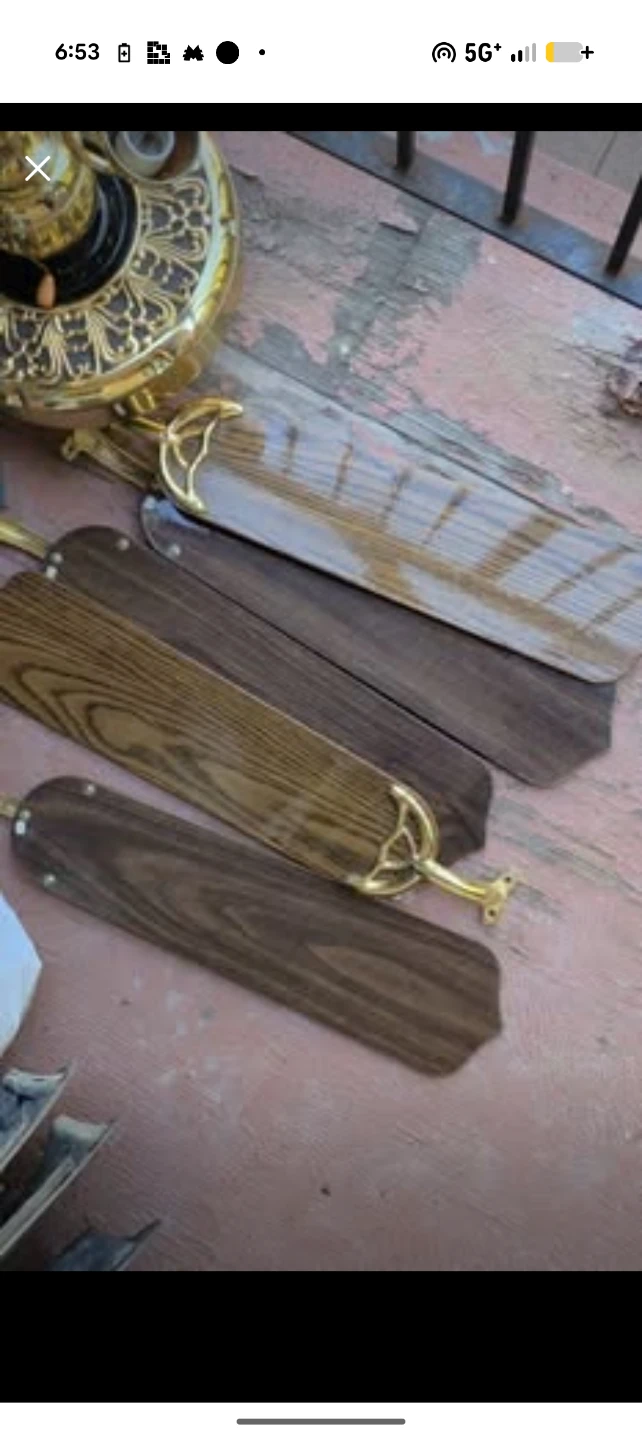 Vintage Brass Ceiling Fan with Wood Blades - photo 3
