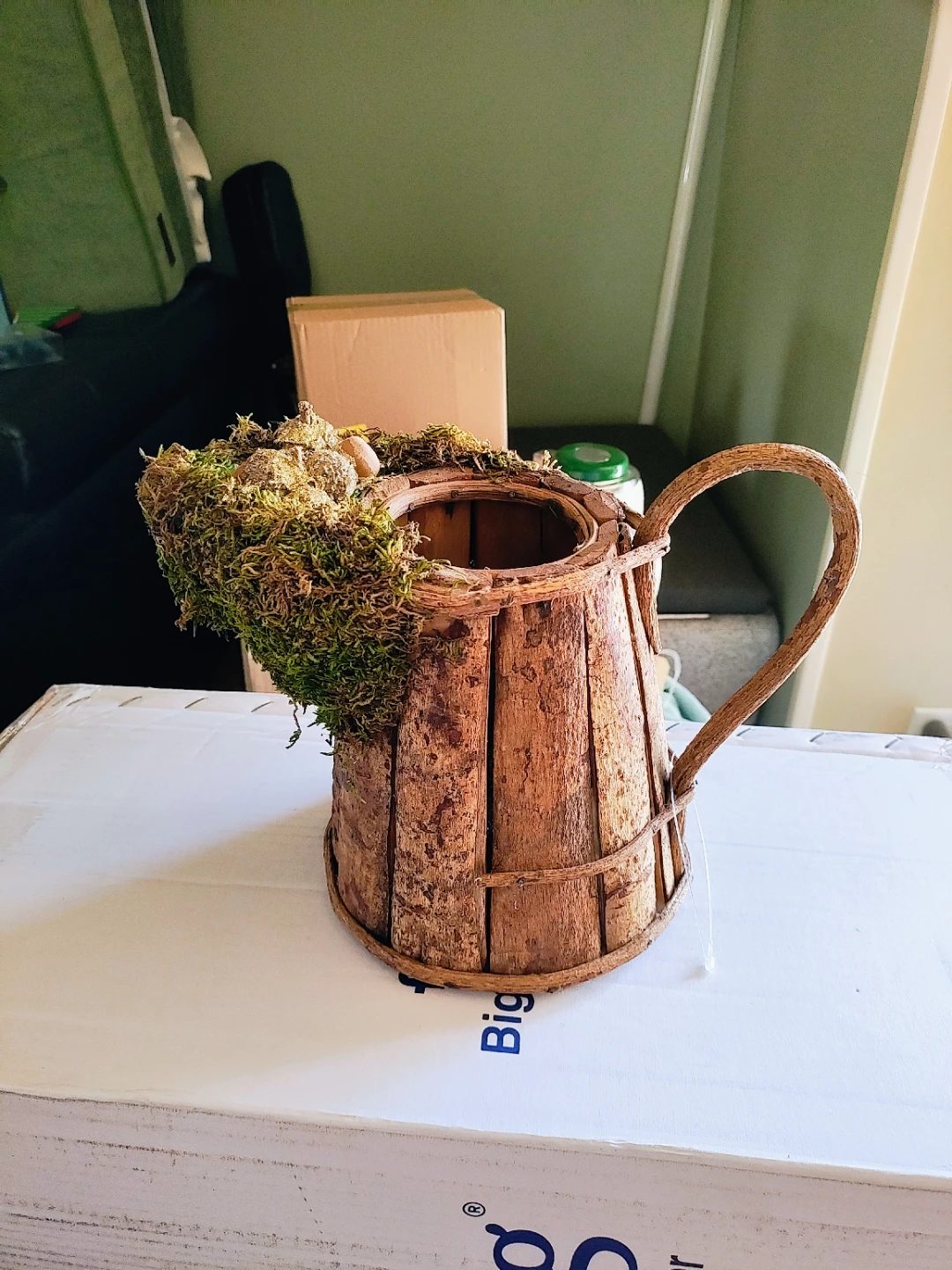 Vintage Rustic Bark Pitcher Planter with Woodland Moss & Acorns