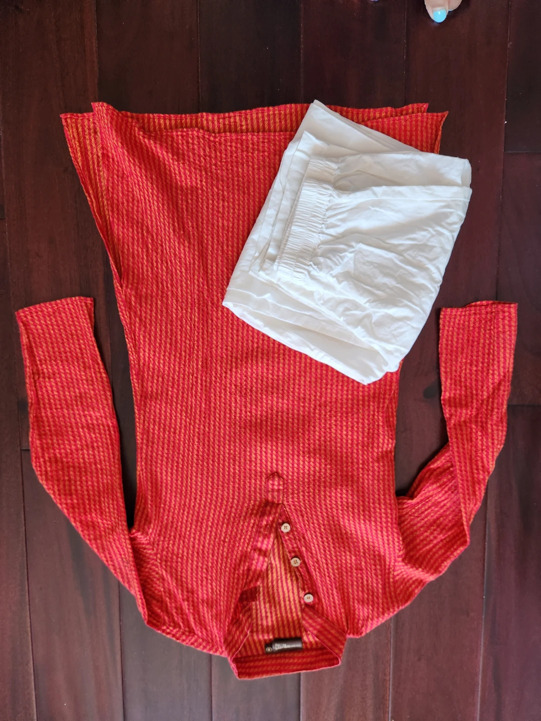 Kids Red Striped Kurta with White Pants - photo 2