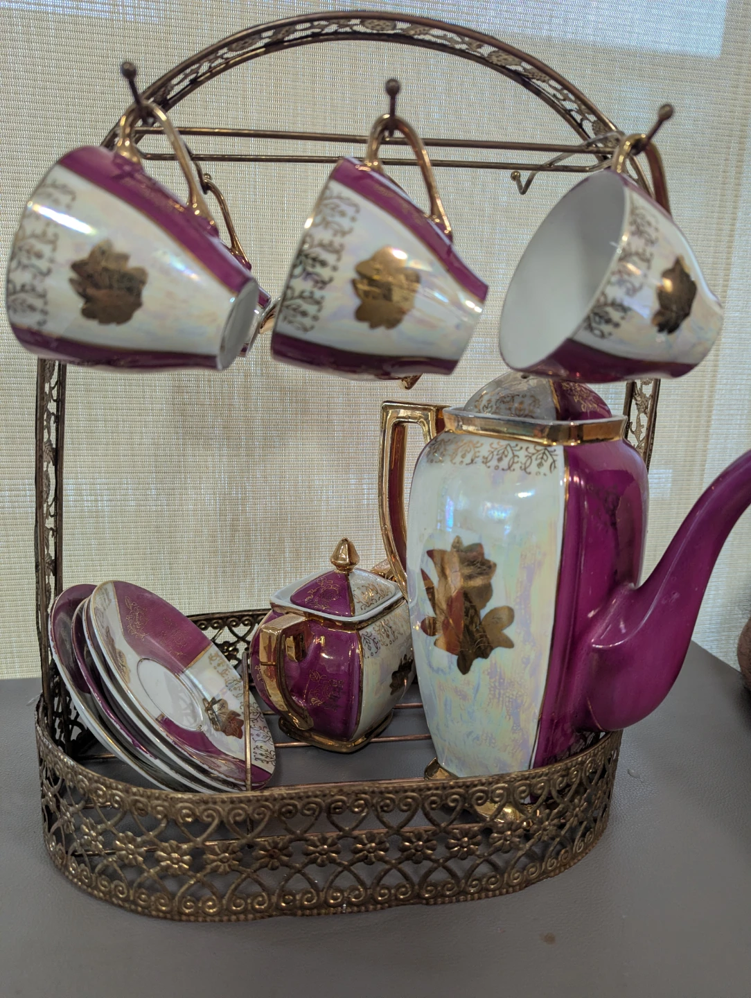 Vintage Purple and Gold Tea Set with Stand