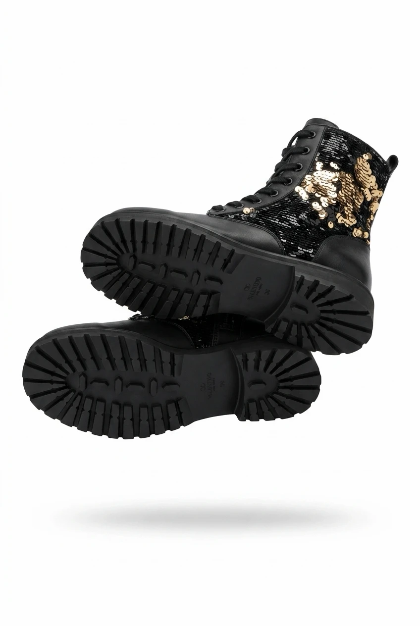 Zara Black Sequined Combat Boots - photo 4