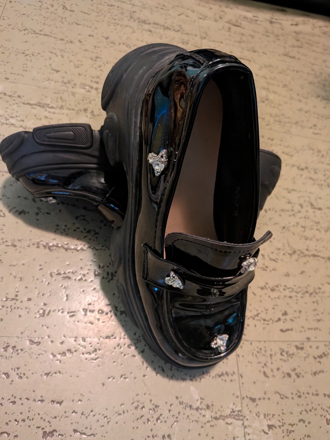 Black Patent Platform Loafers with Crystal Accents
