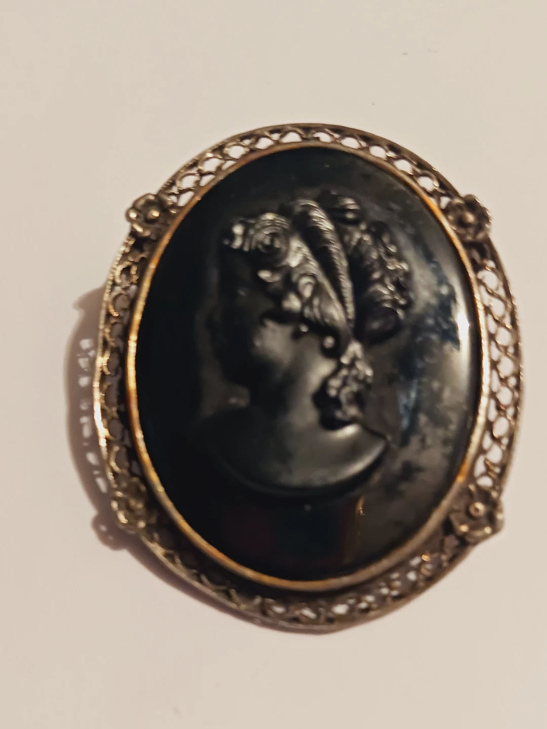 Gorgeous Vintage Black Cameo Silver Filigree Brooch - photo 3