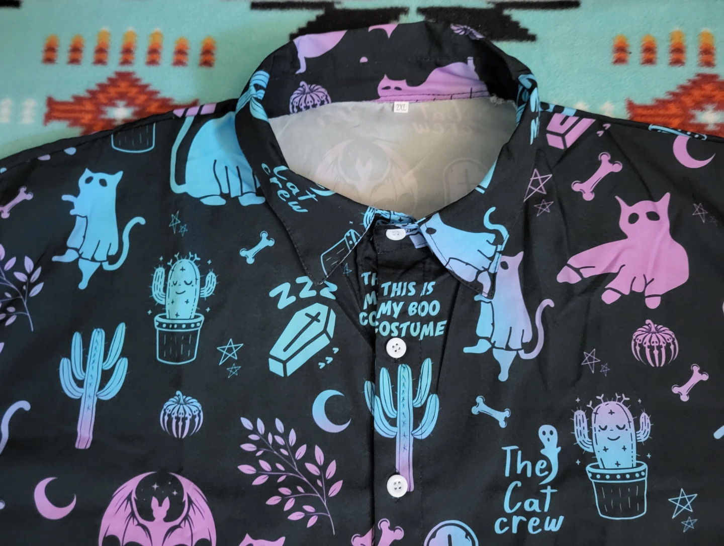 New The Cat Crew Halloween Short Sleeve Button-up Shirt 2XL - photo 3