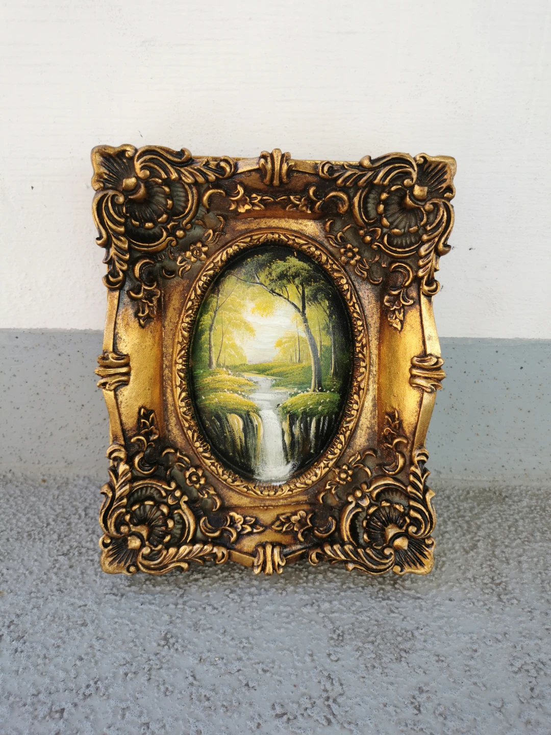 Vintage European Oil Landscape Painting Ornate Gilt Rococo Frame