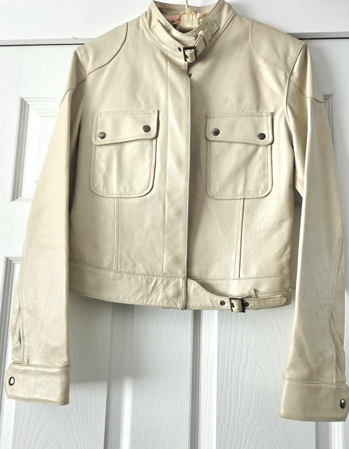 Cream Leather Moto Jacket