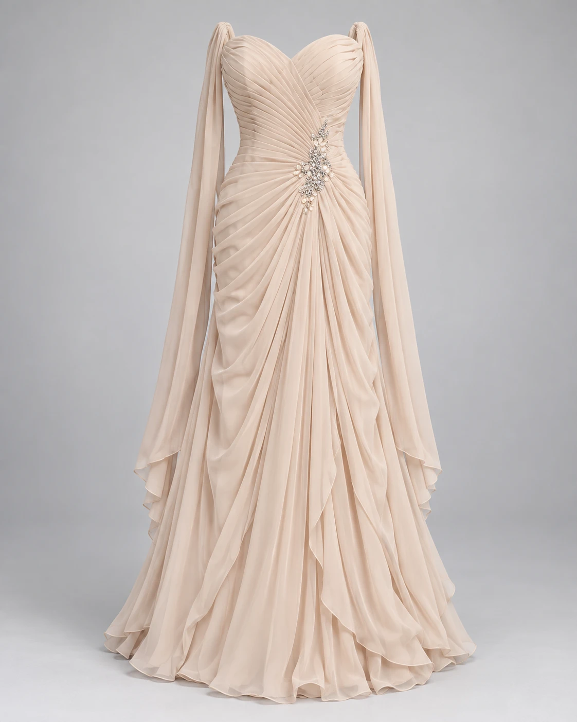 Beige Chiffon Formal Gown with Crystal Accents