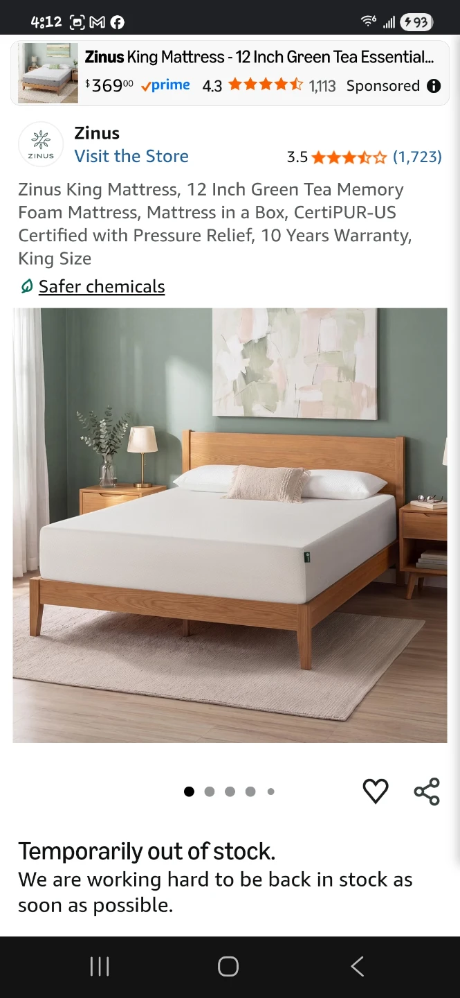 Zinus Green Tea Memory Foam Mattress - King Size