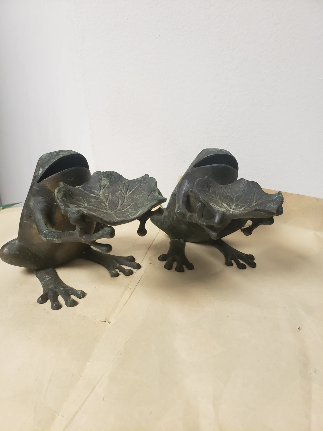 Set of Two Vintage Bronze Frog Figurine Holders