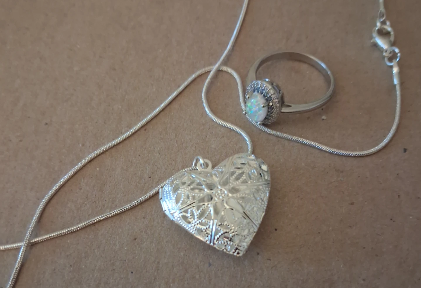 Heart Locket Necklace and Opal Ring Set