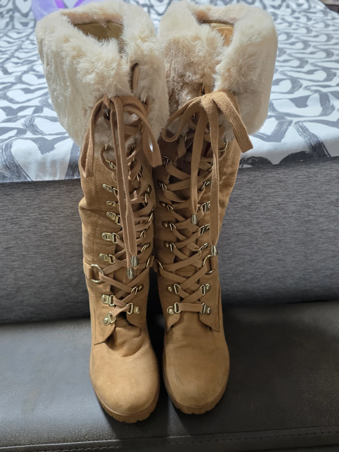 Guess Tan Wedge Boots with Faux Fur Trim