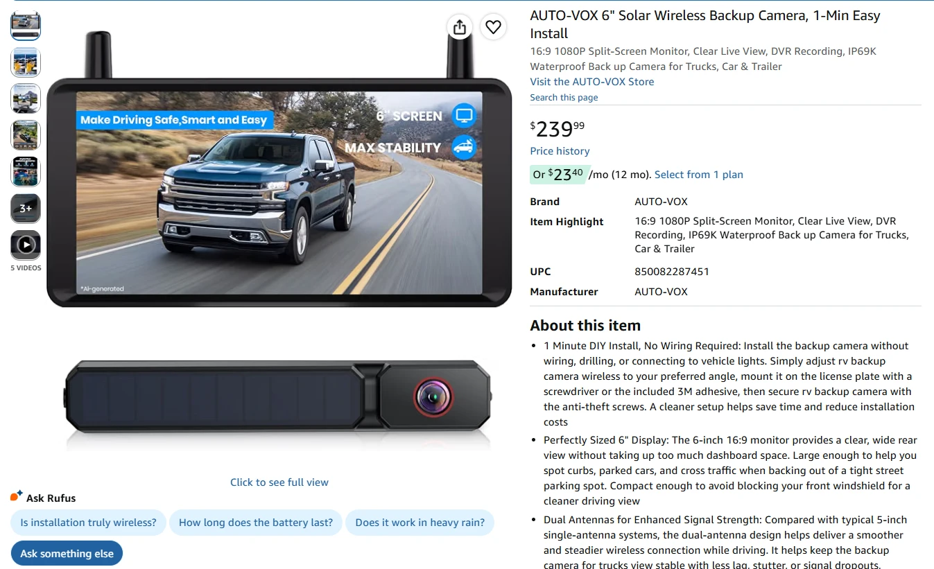 AUTO-VOX 6" Solar Wireless Backup Camera - photo 2