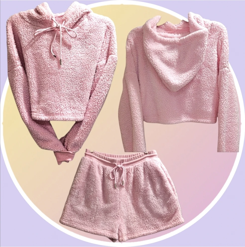 2 Piece Sherpa Hoodie w Shorts Drawstring Hood & Waistband Large - photo 4