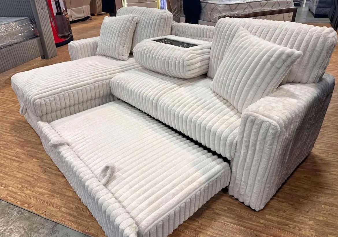 White Corduroy Sectional Sofa with Pull-Out Bed