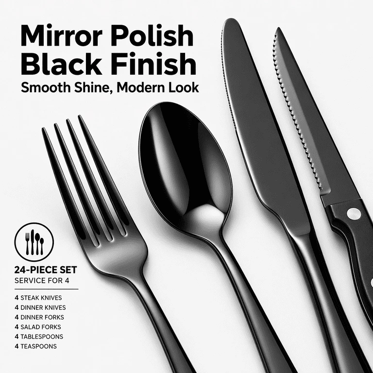 NEW In Box 48-Piece Black Mirror Polish Silverware Set - photo 4