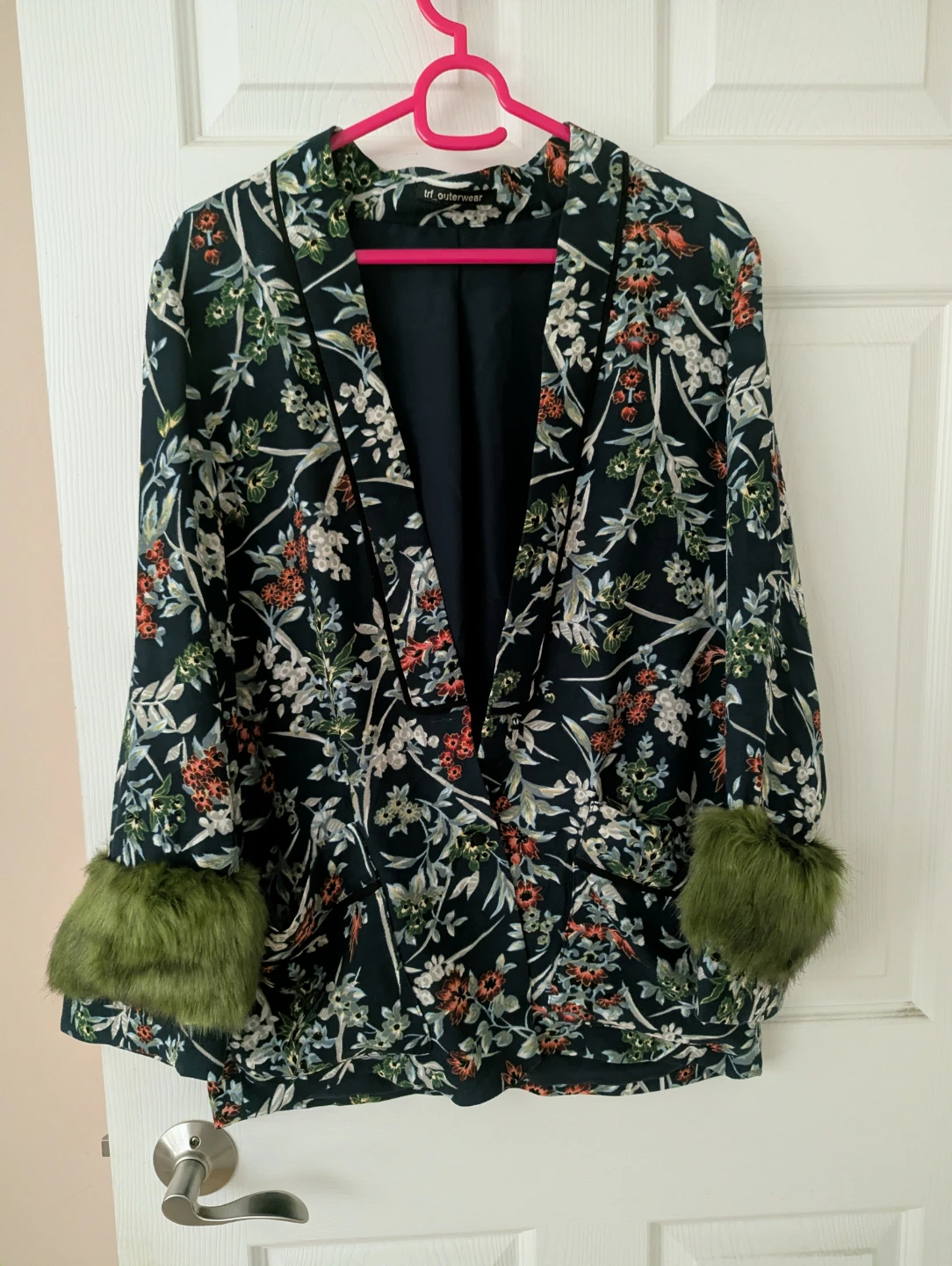 Zara TRF Outerwear Floral Blazer with Faux Fur Cuffs
