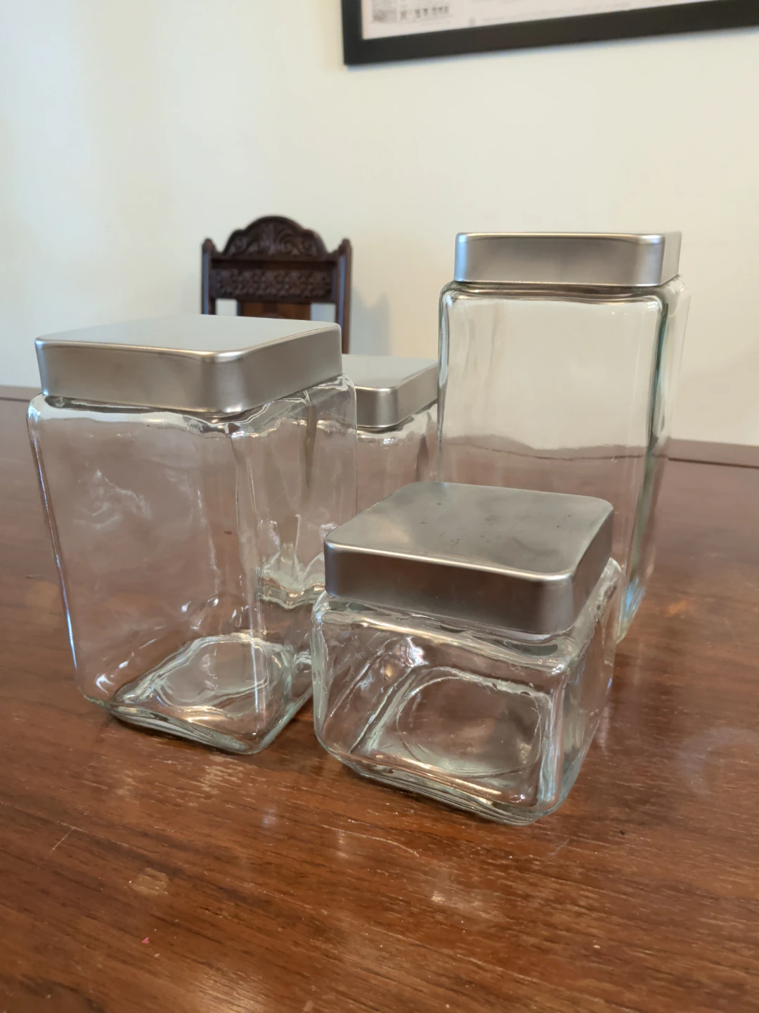 Set of 4 Glass Canisters with Silver Lids