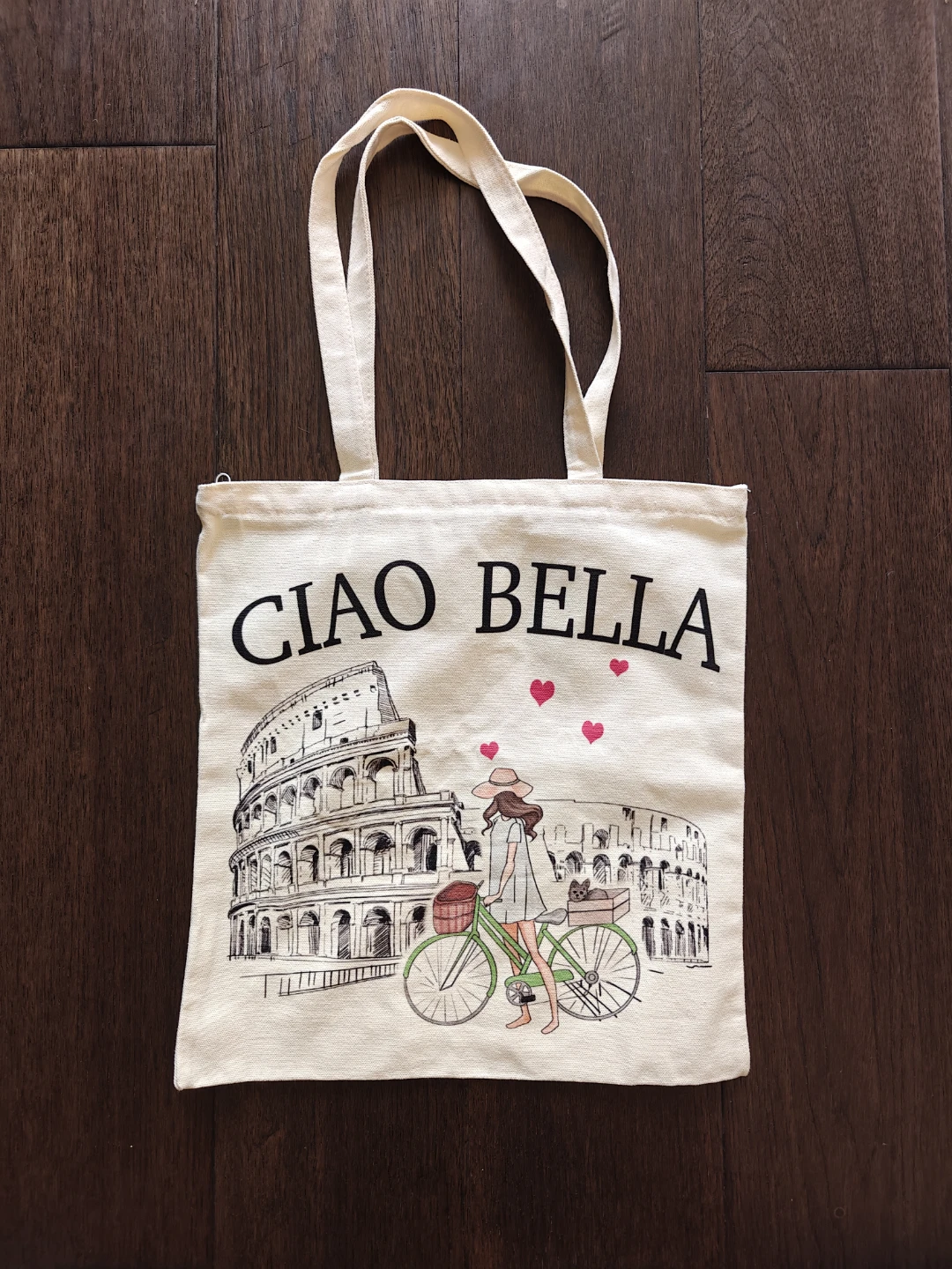 Canvas Tote Bag with "Ciao Bella" and Colosseum Design