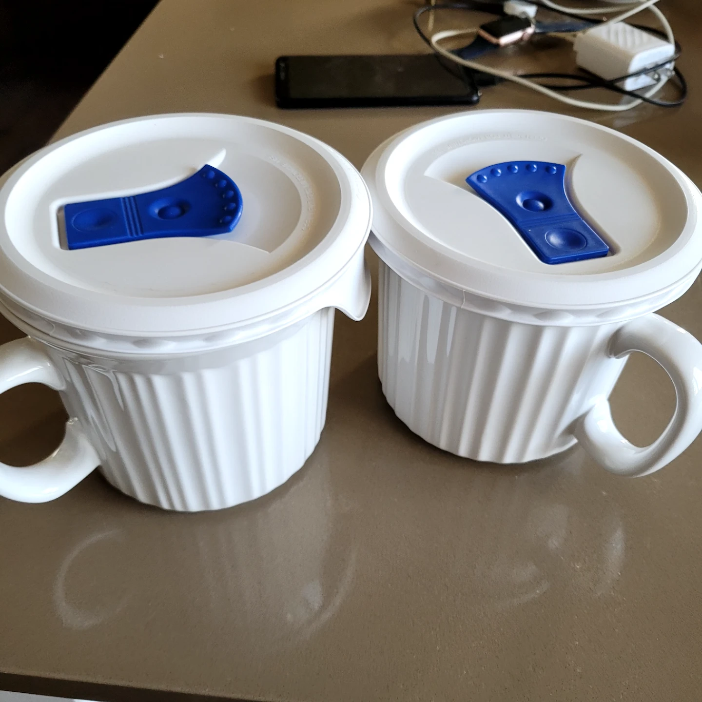 Two White Ceramic Microwave Mugs with Lids