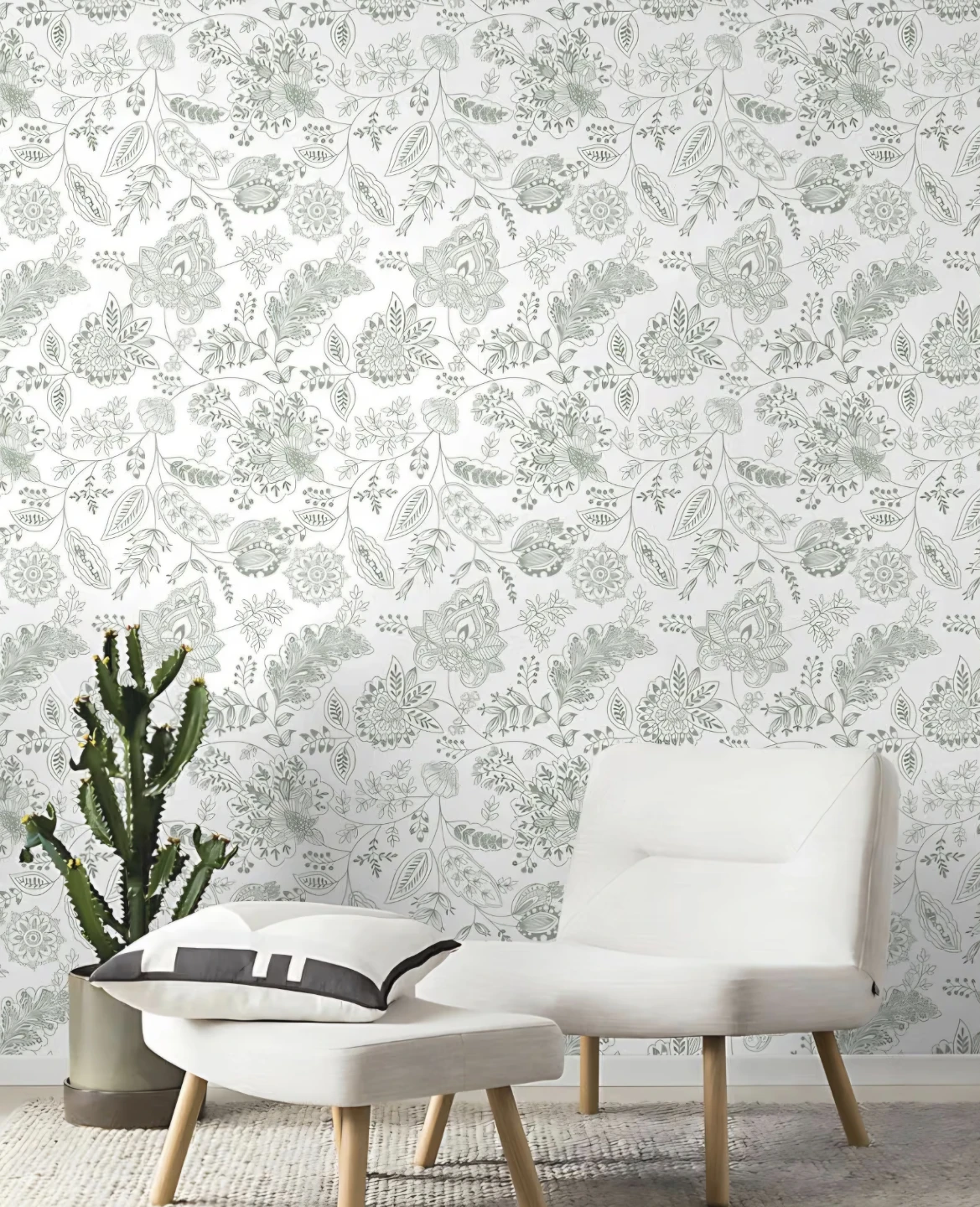 White & Green Floral Peel & Stick Wallpaper 17.3"×393" - photo 2