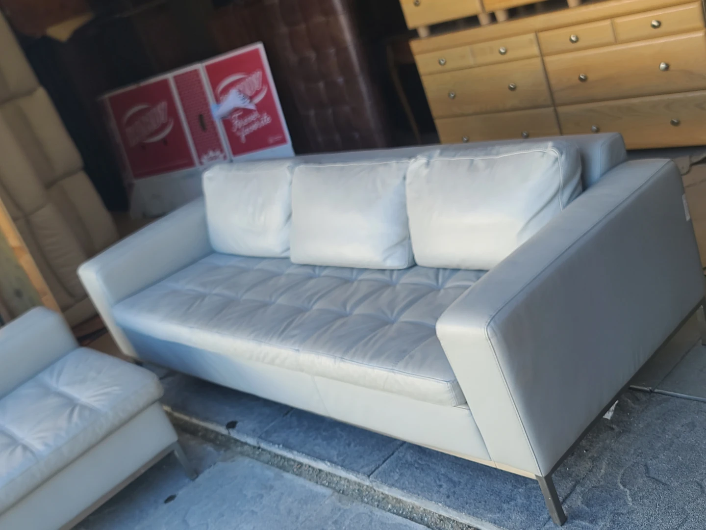 Modern Grey Leather Sofa with Ottoman - photo 2