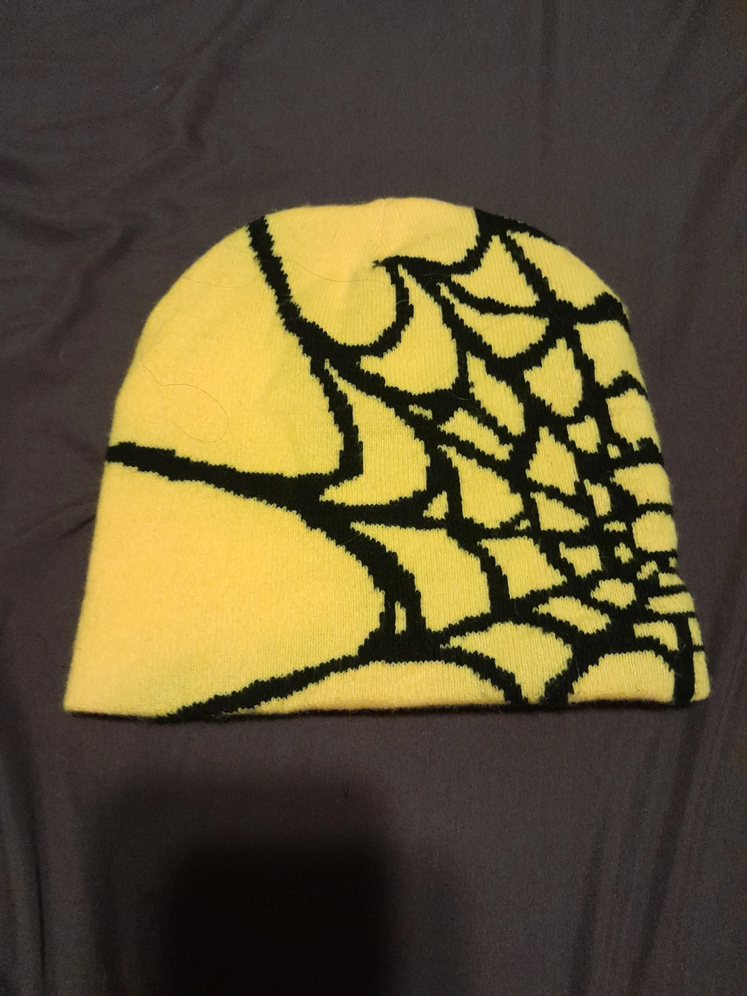 Yellow Beanie with Black Spiderweb Design - photo 2