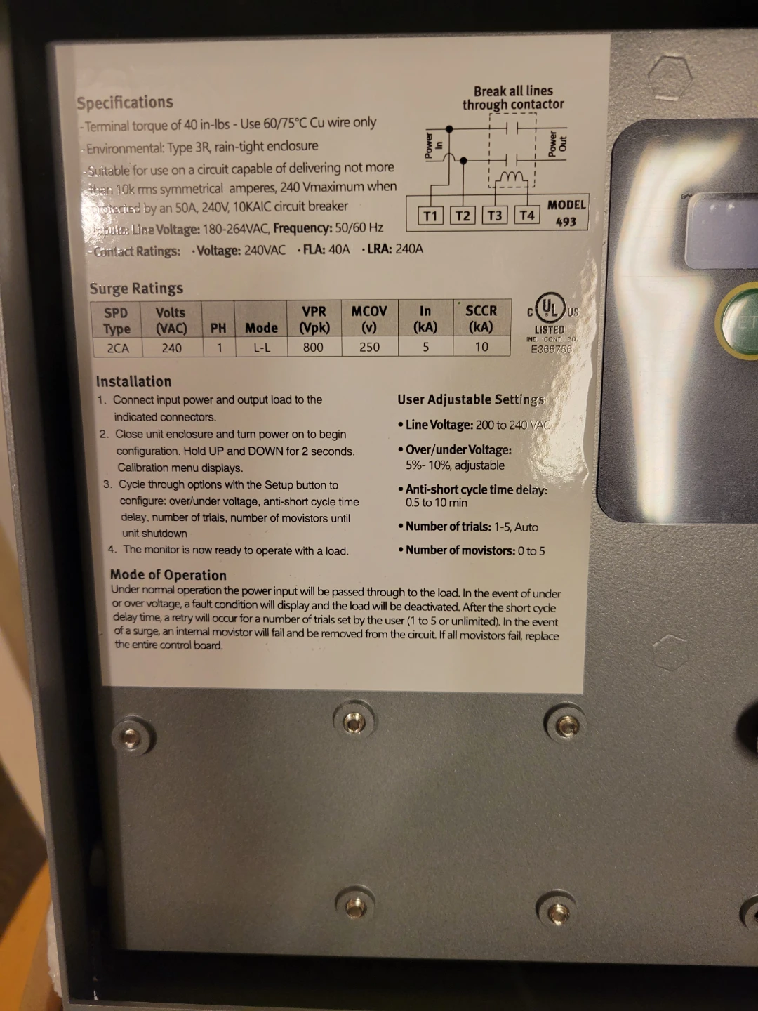 Model 493 Single-Phase Voltage Monitor Surge Protect Control Box - photo 5