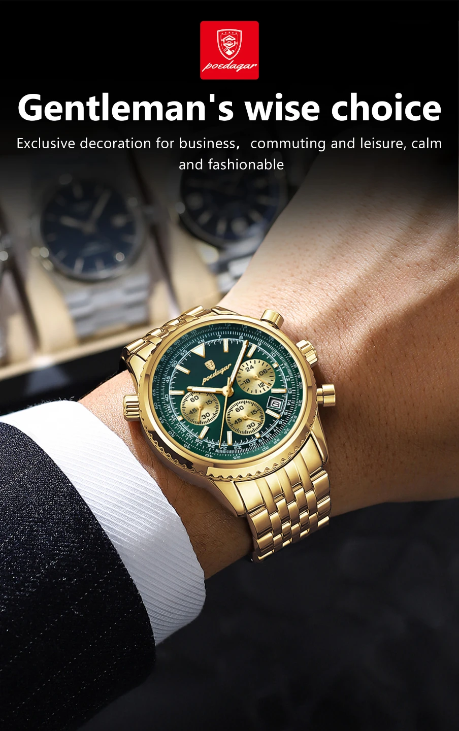 Poedagar Gold Tone Green Dial Chronograph Watch - photo 2
