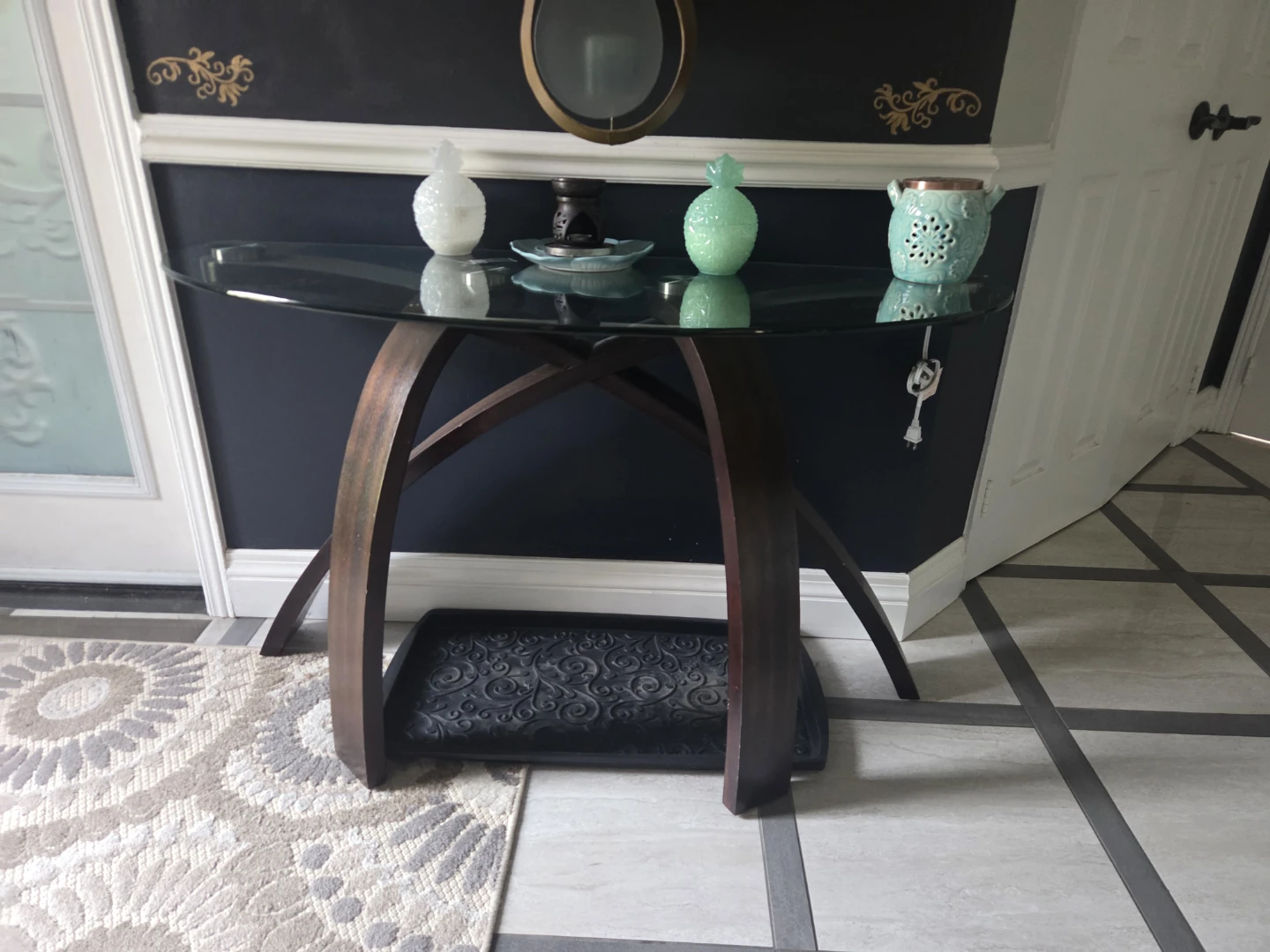 Glass top console table with wood base - photo 3