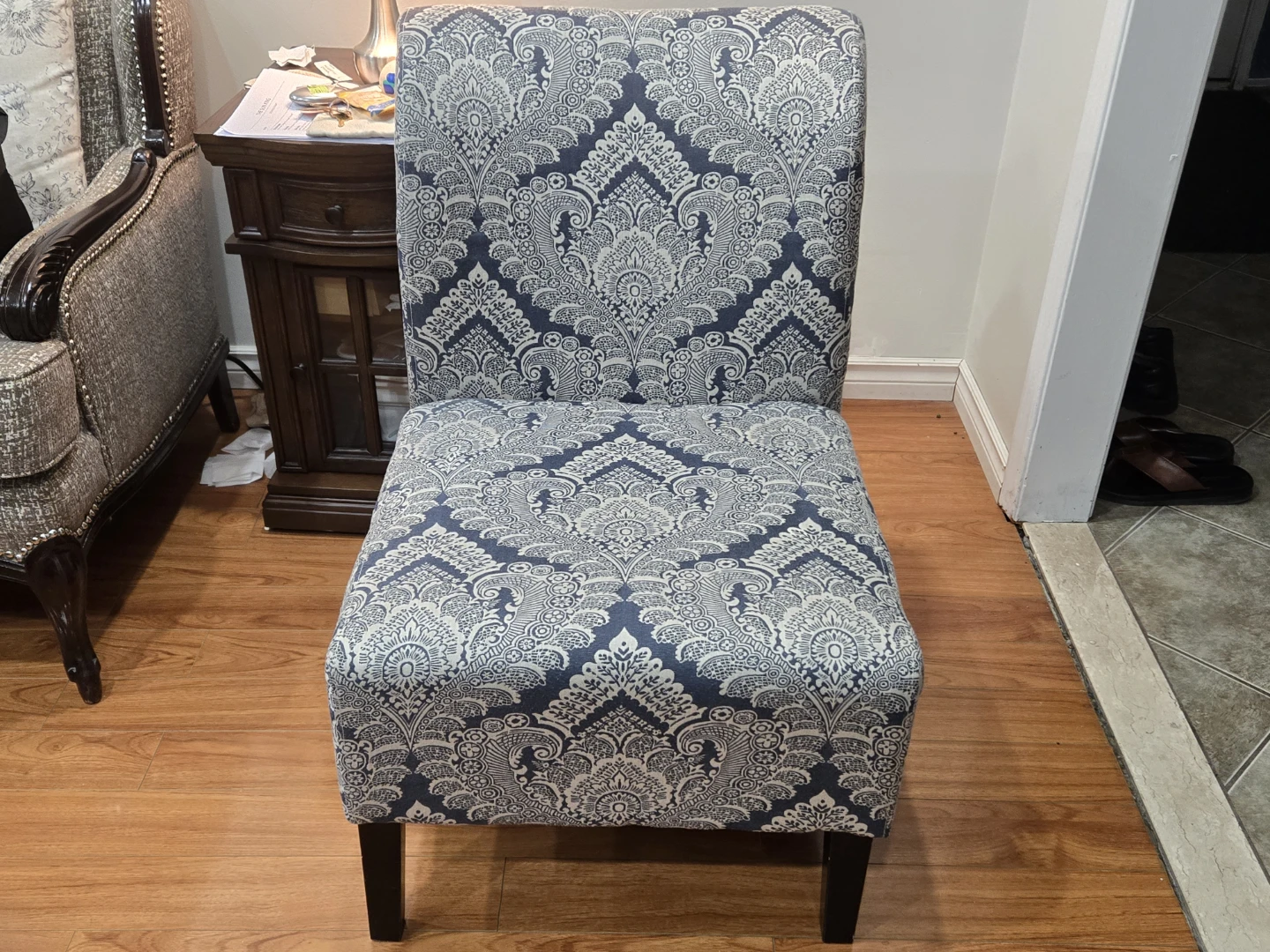 Blue and White Patterned Accent Chair