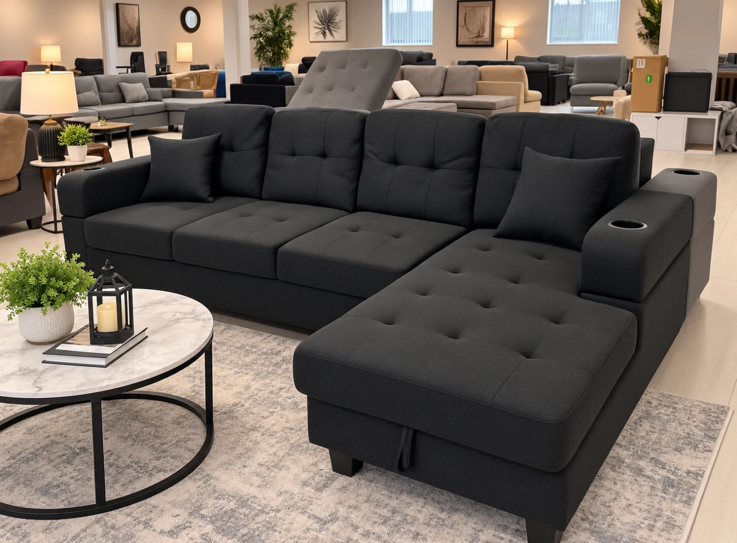 Dark Grey Sectional Sofa with Cup Holders