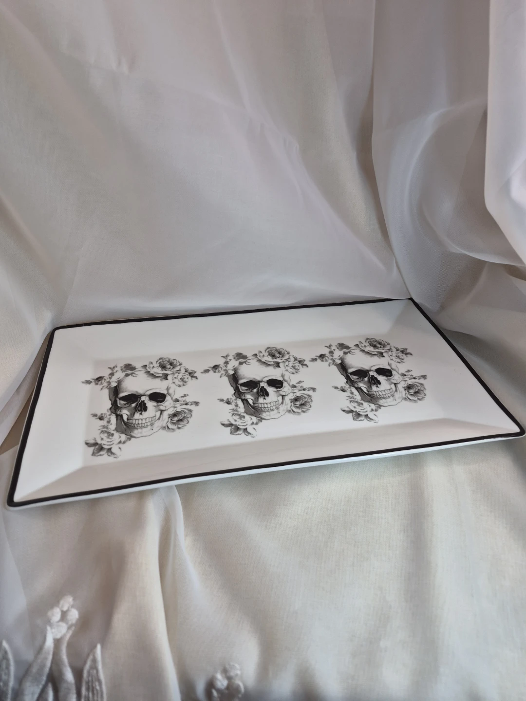 Awesome 14" x 8" Wicked Floral Skull Porcelain Serving Tray