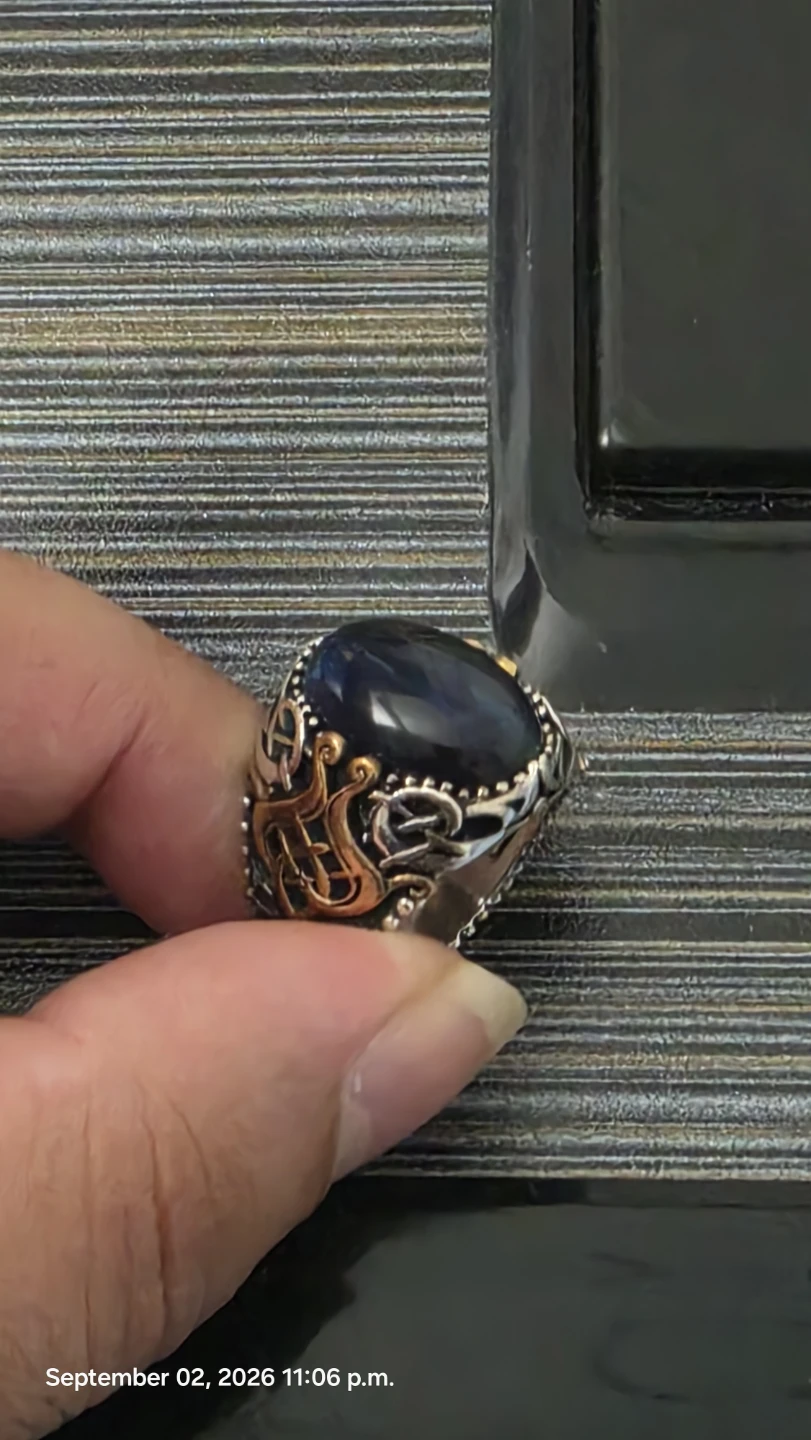 Tiger eye Men's Oval Blue Stone Ring - photo 2