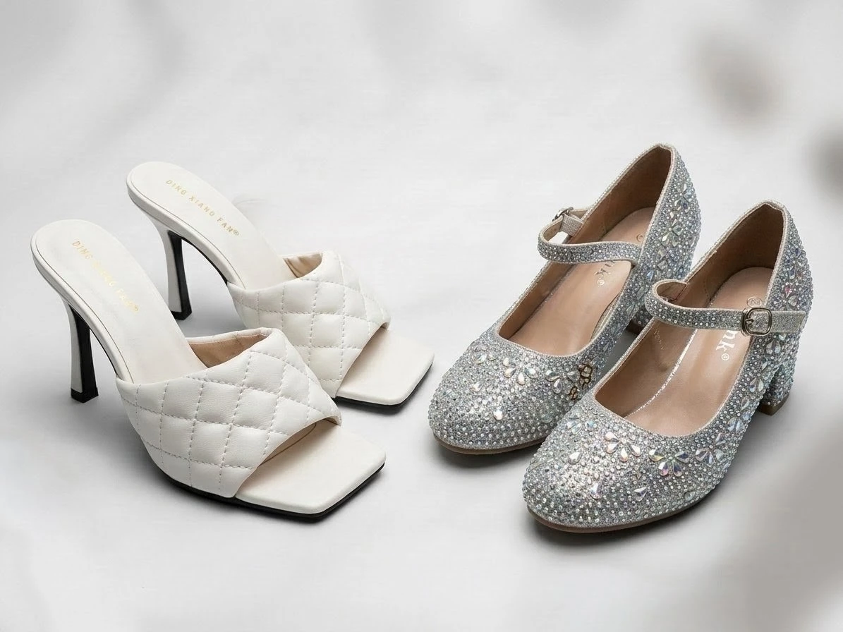 Quilted White Mules  & Sparkly Rhinestone Pumps