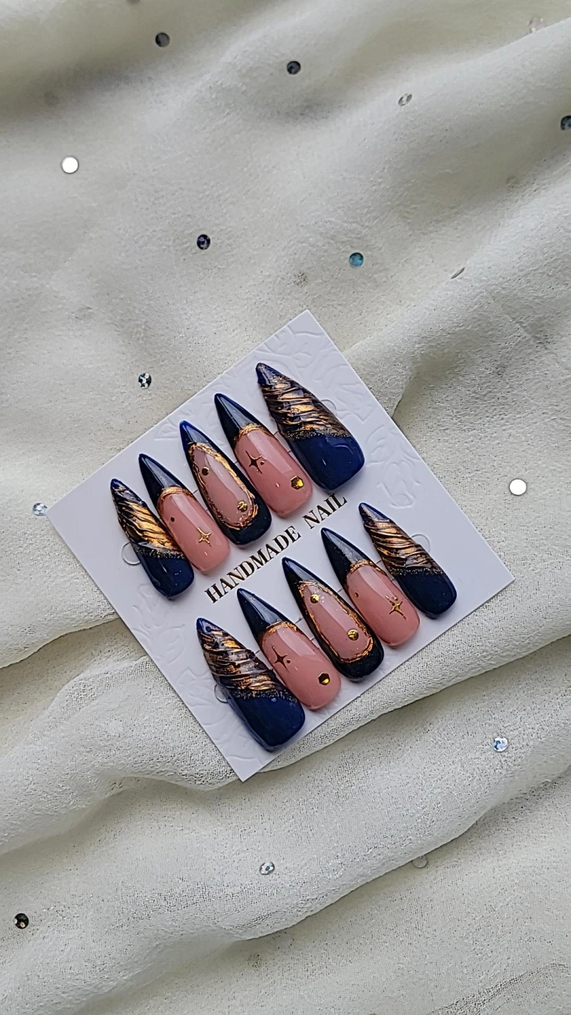 Handmade Press-on Nails Navy and Nude Pinkish