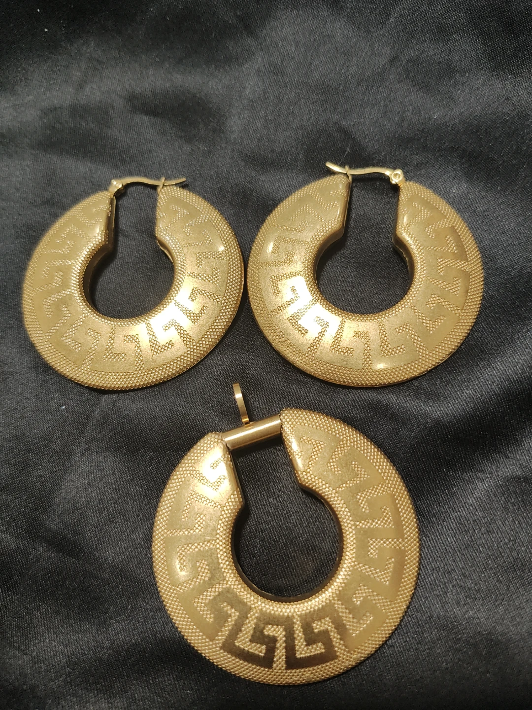 Gold-tone Greek Key Hoop Earrings and Pendant Set