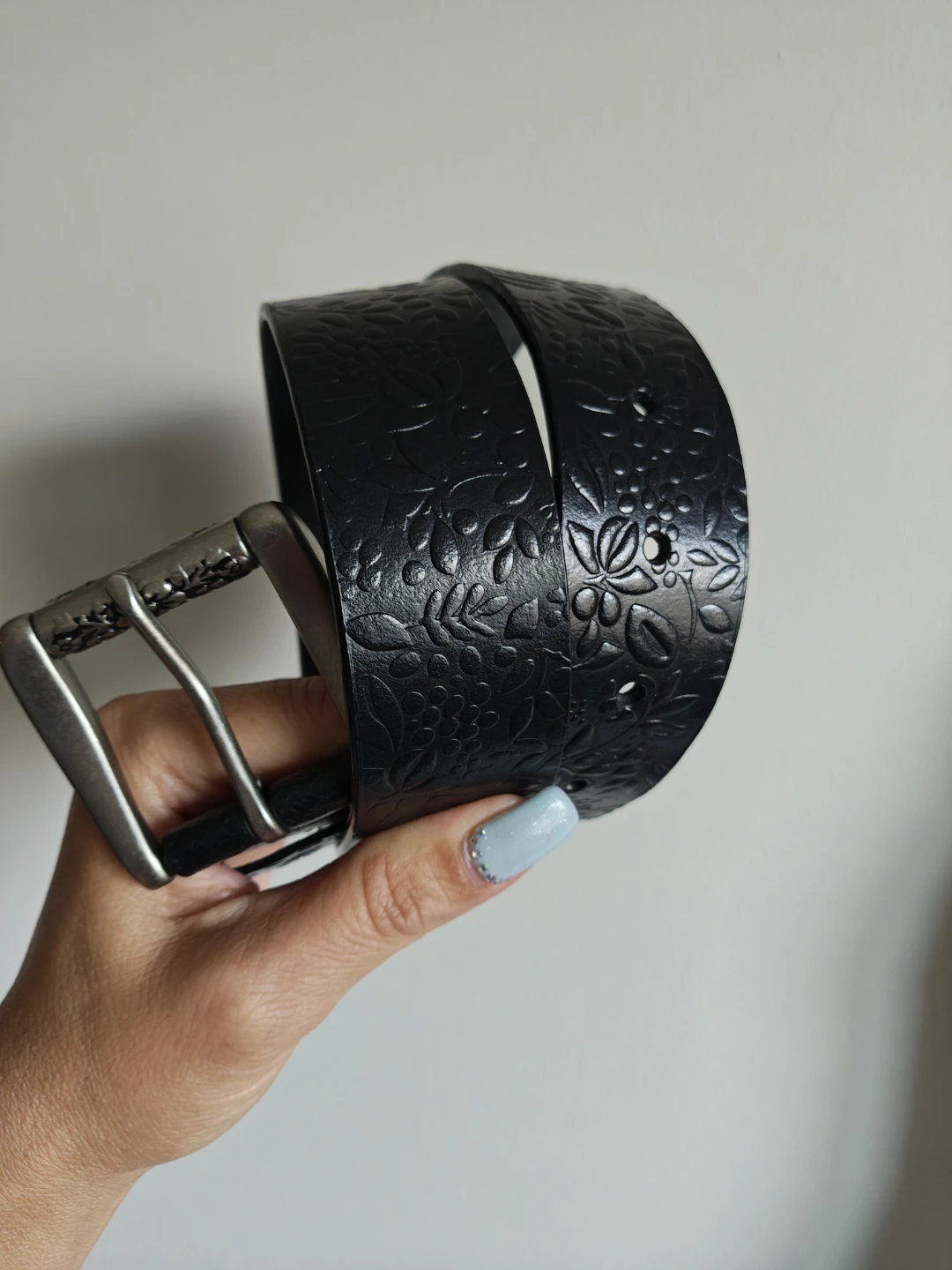 Black Genuine Leather Belt with Floral Embossing